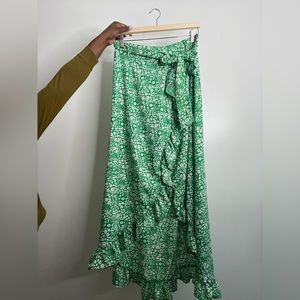 Green and White Floral Wrap Skirt with Belt